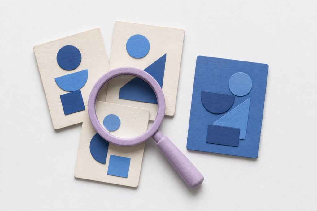 Lupa sobre tarjetas de referencia junto a una composición distinta, representando análisis y creación de ideas propias.