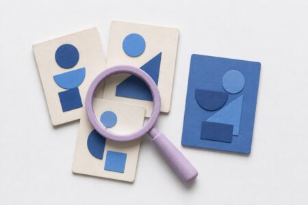 Lupa sobre tarjetas de referencia junto a una composición distinta, representando análisis y creación de ideas propias.