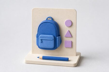 Tarjeta con una mochila azul, marcadores y un lápiz, representando revisión de un anuncio de producto.