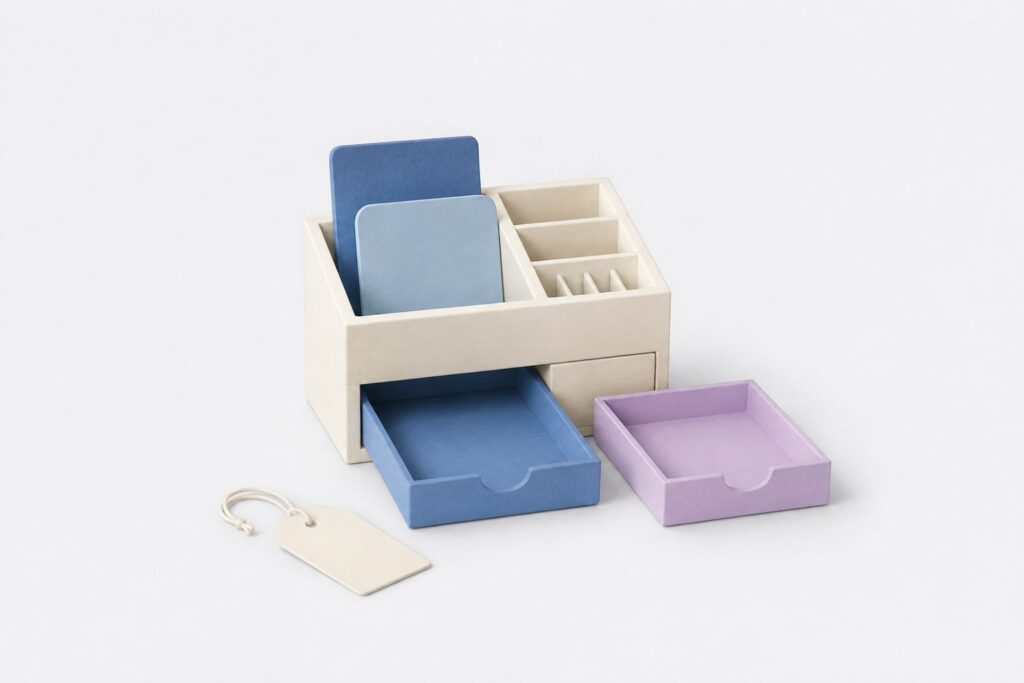 Organizador modular con bandejas azul y lila y una etiqueta sin texto, ilustrando características que pueden demostrarse.