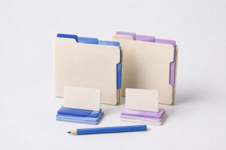 Dos carpetas con separadores azules y lilas, tarjetas y un lápiz para comparar propuestas de agencias.