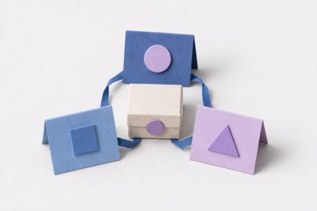 Tres tarjetas conectadas alrededor de un paquete, representando coordinación de tareas entre equipos.