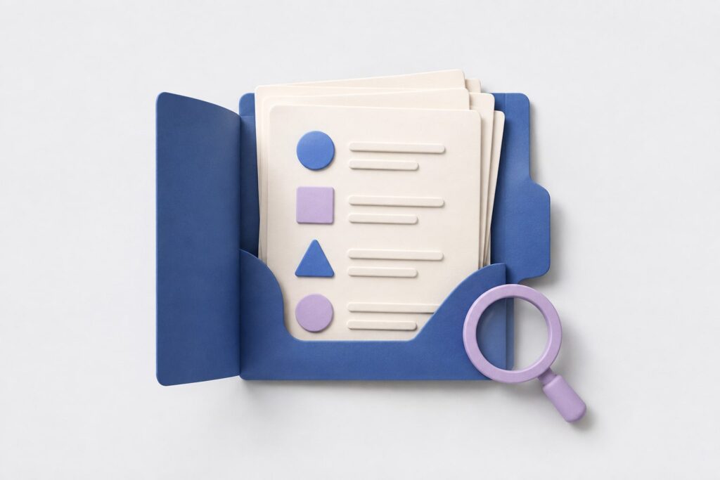 Carpeta con documentos ordenados y una lupa, representando preparación para una consultoría.