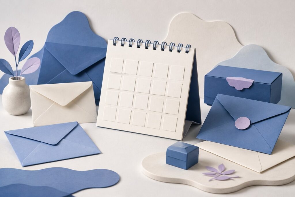 Ilustración de un calendario de papel rodeado de sobres y paquetes en tonos azules.