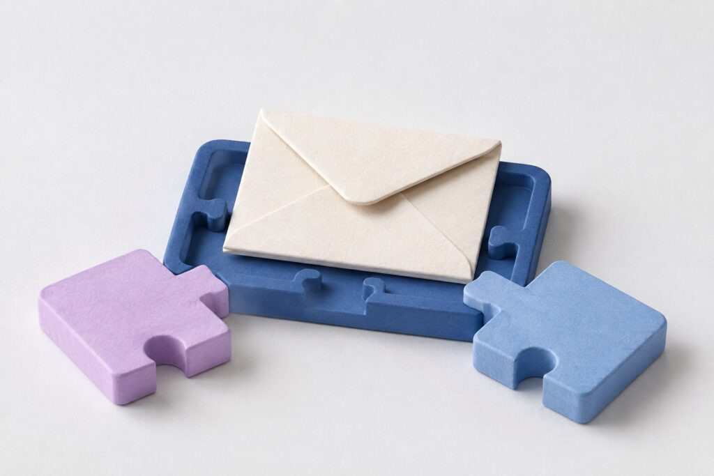 Sobre de papel sobre una bandeja modular con piezas encastrables, representando integración de una plataforma de email.