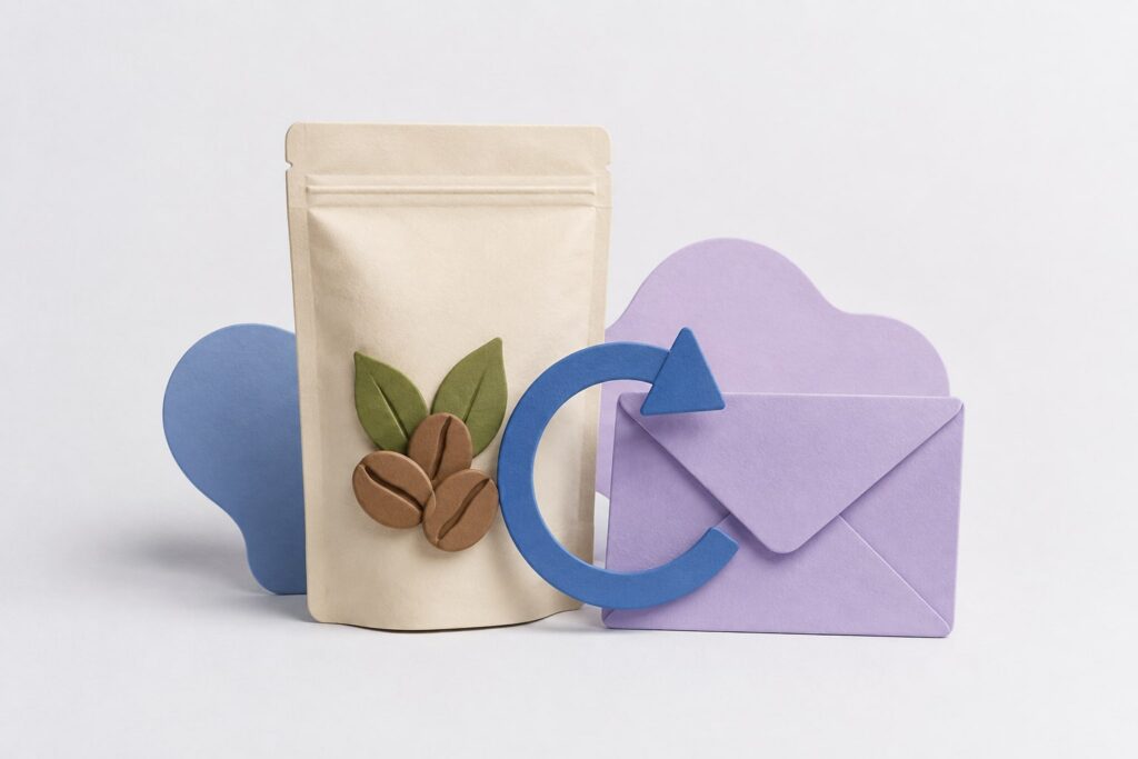 Bolsa de café junto a una flecha circular y un sobre, representando reposición y reactivación.