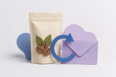 Bolsa de café junto a una flecha circular y un sobre, representando reposición y reactivación.