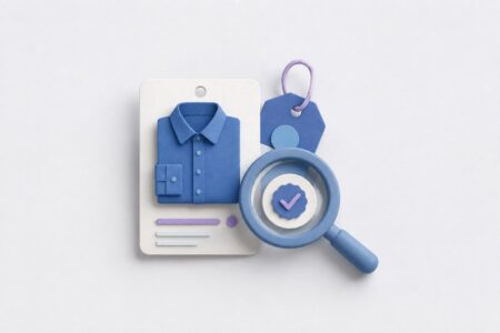Ficha de producto con camisa azul, etiqueta y lupa sobre una marca de comprobación, representando revisión del catálogo.