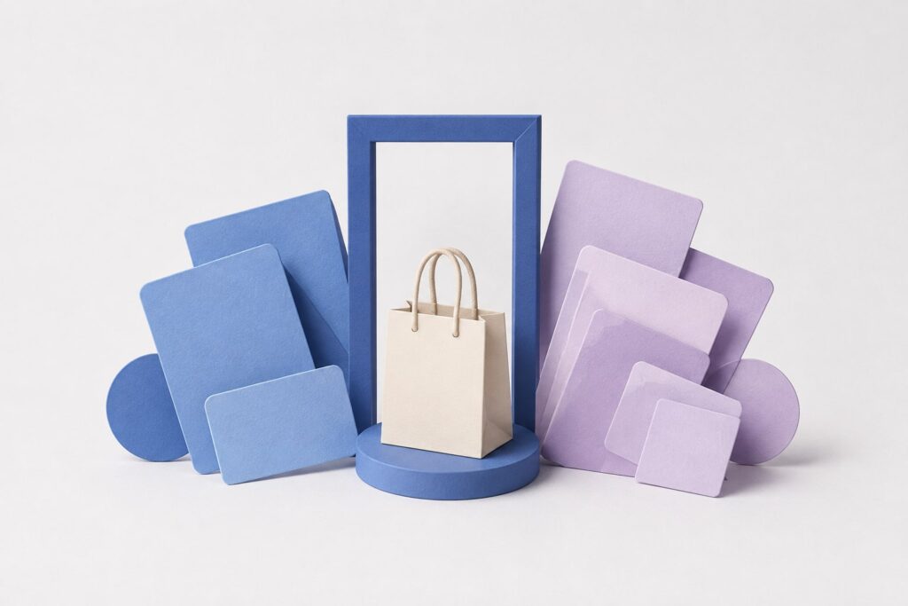 Bolsa de compras rodeada de un marco azul y tarjetas abstractas, representando distintas opciones de distribución publicitaria.