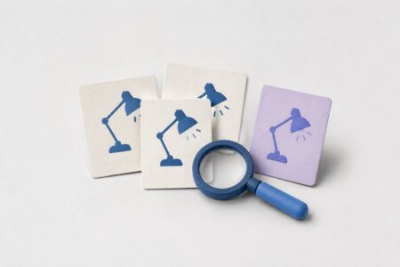 Tarjetas con ilustraciones de una lámpara y una lupa azul, representando la revisión de anuncios repetidos.