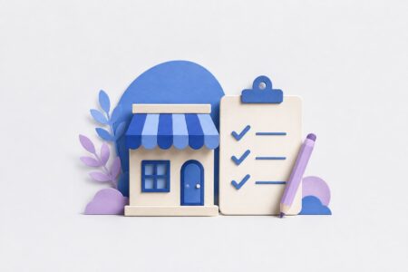 Modelo de tienda junto a una lista de comprobaciones y un lápiz, representando revisión antes de activar publicidad.