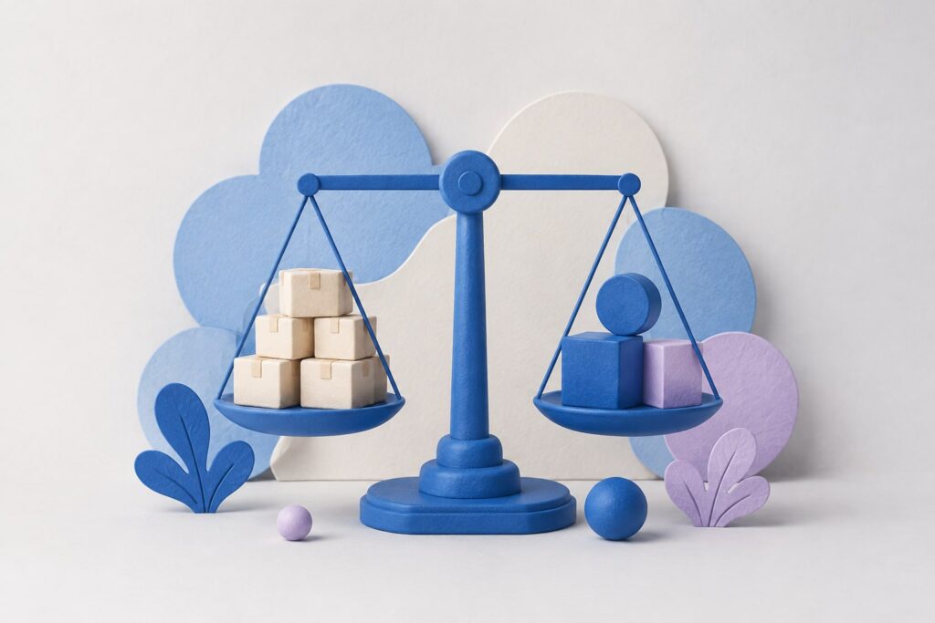 Ilustración de una balanza azul que equilibra paquetes y bloques de costos.