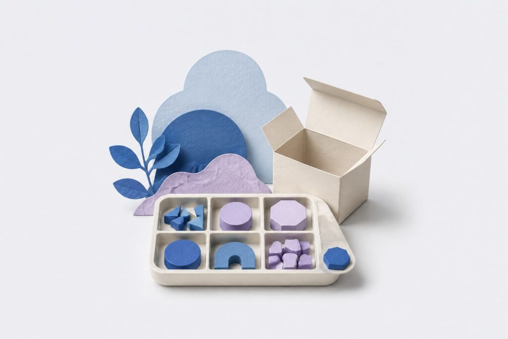 Caja abierta junto a una bandeja con fichas azules y lilas separadas en compartimentos, representando costos y contribución de un pedido.