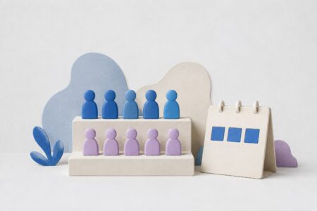 Dos grupos de figuras azules y lilas junto a un calendario abstracto, representando seguimiento de cohortes de clientes.