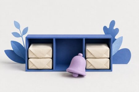 Estantería azul con un compartimento vacío y una campana lila, representando falta de stock y aviso de reposición.