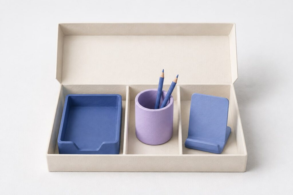 Caja abierta con bandeja, portalápices y soporte para teléfono, como ilustración de un conjunto de productos.