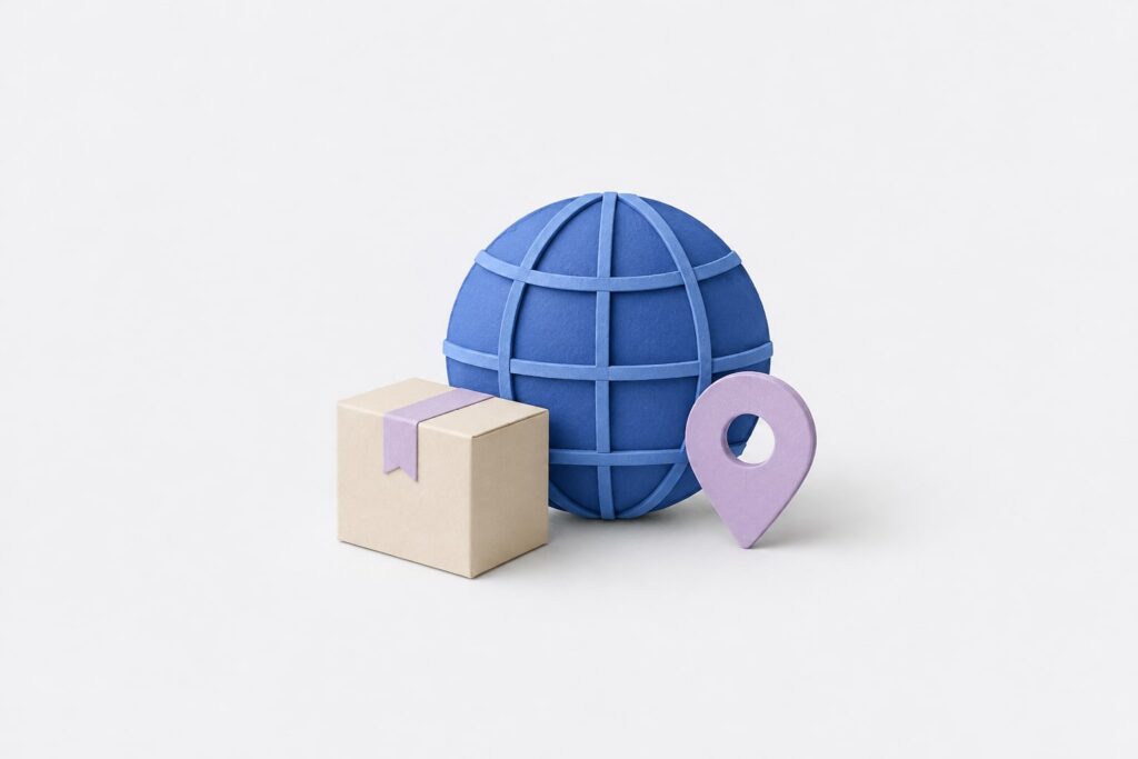 Paquete junto a un globo azul sin fronteras y un marcador lila, representando la preparación para vender en otro mercado.