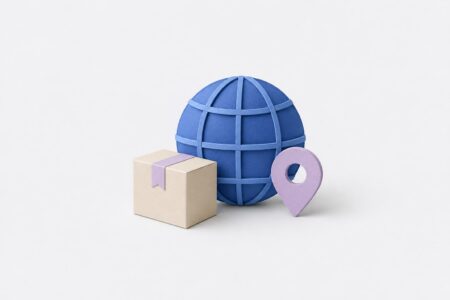 Paquete junto a un globo azul sin fronteras y un marcador lila, representando la preparación para vender en otro mercado.