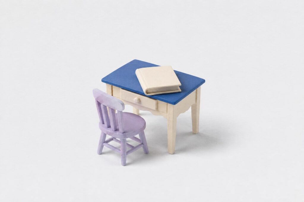 Escritorio de superficie azul, silla lila y una guía sin texto, ilustrando productos durables y acompañamiento de uso.